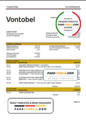 Switzerland Vontobel Bank statement template, Word and PDF format (.doc and .pdf)