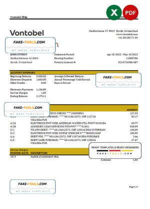Switzerland Vontobel bank statement, Excel and PDF template