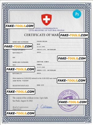 Switzerland marriage certificate PSD template, completely editable