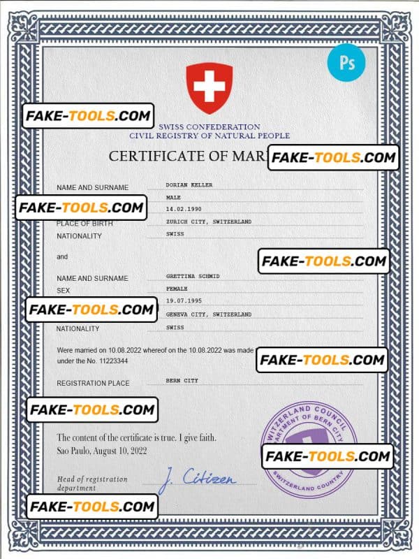 Switzerland marriage certificate PSD template, completely editable
