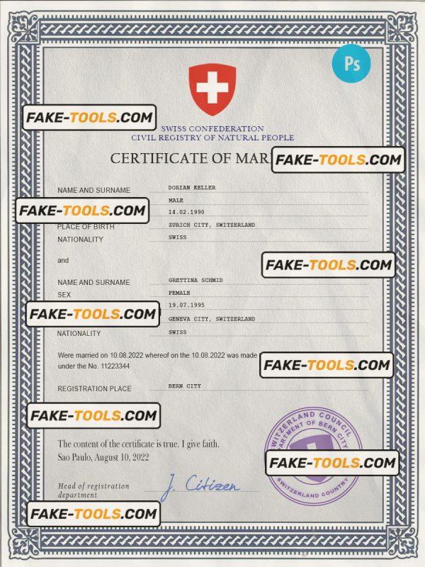 Switzerland marriage certificate PSD template, completely editable