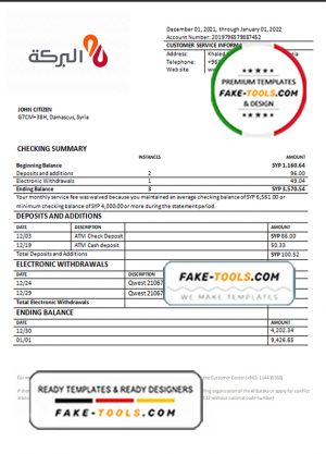 Syria Al Baraka Bank proof of address statement template in Word and PDF format, .doc and .pdf format