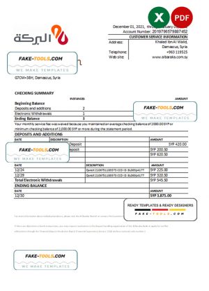 Syria Al Baraka bank statement, Excel and PDF template
