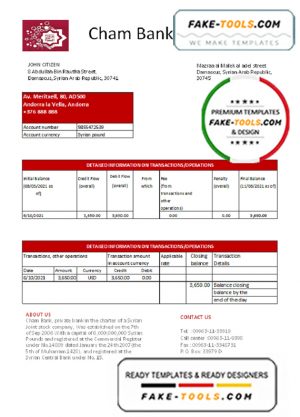Syria Cham Bank proof of address statement template in Excel and PDF format, .xls and .pdf format