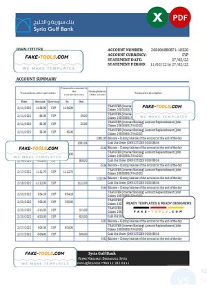 Syria Gulf bank statement, Excel and PDF template
