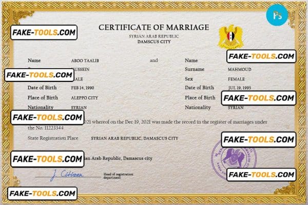 Syria marriage certificate PSD template, fully editable