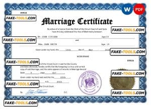 Syria marriage certificate Word and PDF template, fully editable