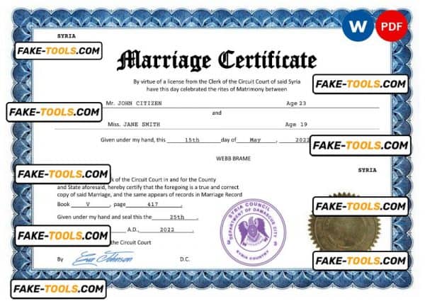 Syria marriage certificate Word and PDF template, fully editable