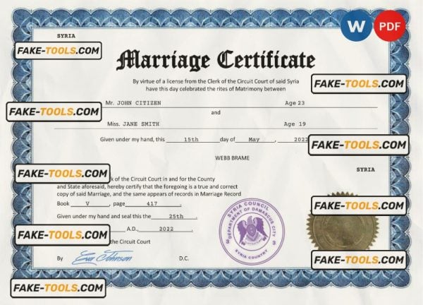 Syria marriage certificate Word and PDF template, fully editable