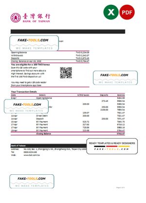 Taiwan Bank of Taiwan bank statement, Excel and PDF template