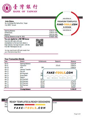 Taiwan Bank of Taiwan bank statement template in Word and PDF format, good for address prove