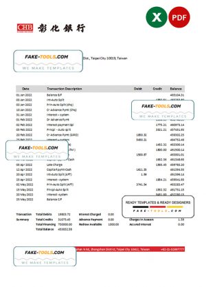 Taiwan Chang Hwa Bank statement, Excel and PDF template