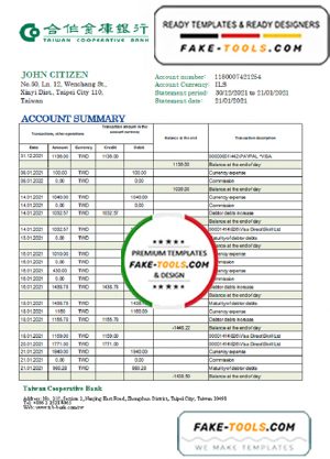 Taiwan Cooperative Bank statement easy to fill template in Excel and PDF format