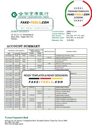 Taiwan Cooperative Bank statement template in Word and PDF format, good for address prove