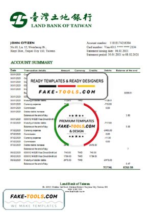 Taiwan Land Bank of Taiwan bank statement easy to fill template in Excel and PDF format