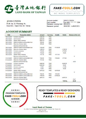 Taiwan Land Bank of Taiwan bank statement template in Word and PDF format, good for address prove