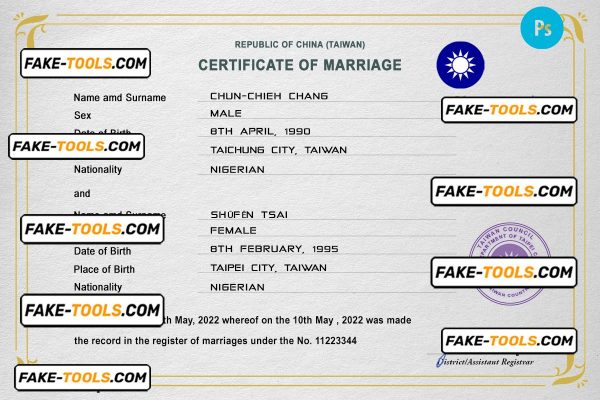 Taiwan marriage certificate PSD template, fully editable