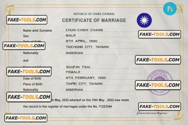 Taiwan marriage certificate PSD template, fully editable