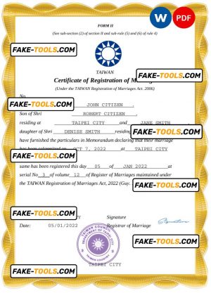 Taiwan marriage certificate Word and PDF template, completely editable
