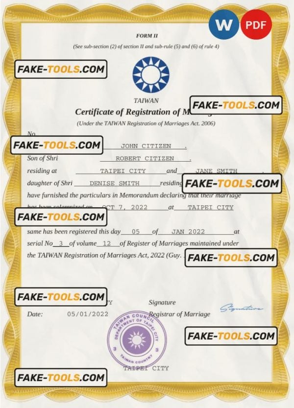 Taiwan marriage certificate Word and PDF template, completely editable