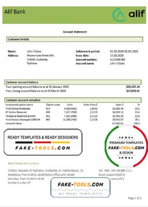 Tajikistan Alif Bank statement template, Word and PDF format (.doc and .pdf)