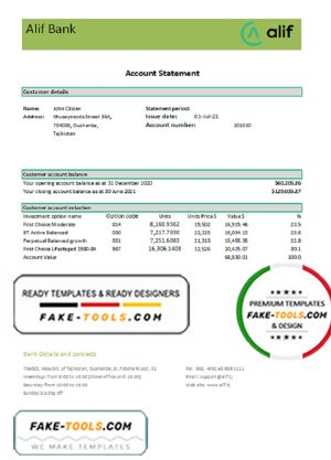 Tajikistan Alif Bank statement template in Excel and PDF format