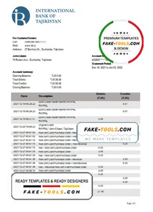 Tajikistan ITB Bank statement template, Word and PDF format (.doc and .pdf)