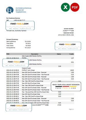 Tajikistan ITB bank statement, Excel and PDF template