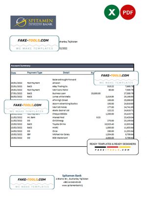 Tajikistan Spitamen Bank statement, Excel and PDF template
