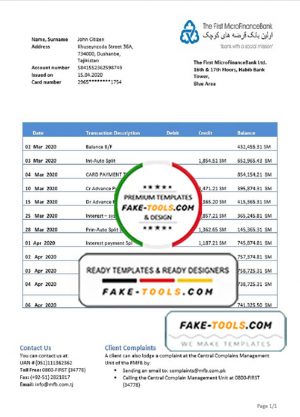 Tajikistan The First MicroFinance (FMFB) bank proof of address statement template in Word and PDF format