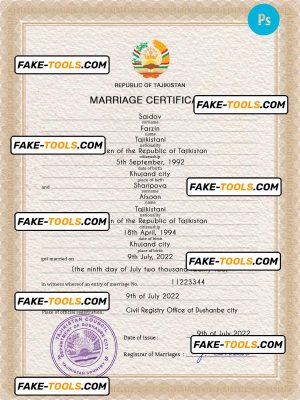 Tajikistan marriage certificate PSD template, completely editable