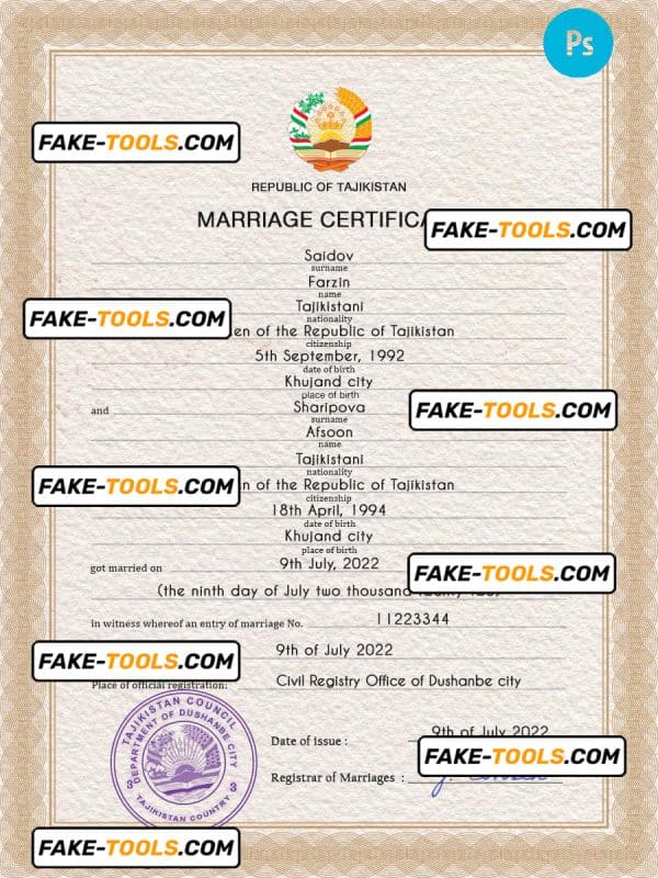 Tajikistan marriage certificate PSD template, completely editable