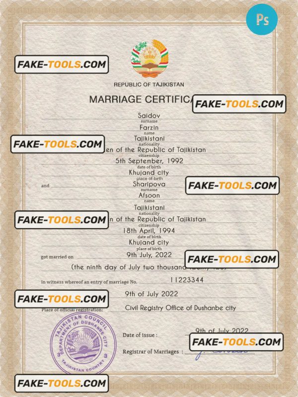 Tajikistan marriage certificate PSD template, completely editable