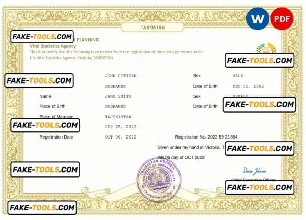 Tajikistan marriage certificate Word and PDF template, fully editable