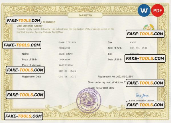 Tajikistan marriage certificate Word and PDF template, fully editable