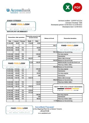 Tanzania Access bank statement, Excel and PDF template
