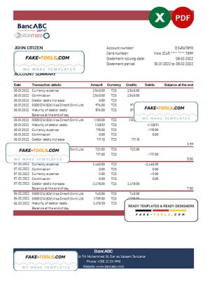 Tanzania BancABC bank statement, Excel and PDF template