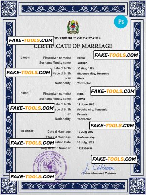 Tanzania marriage certificate PSD template, fully editable