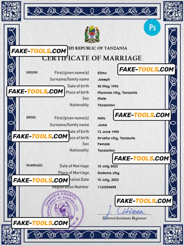Tanzania marriage certificate PSD template, fully editable