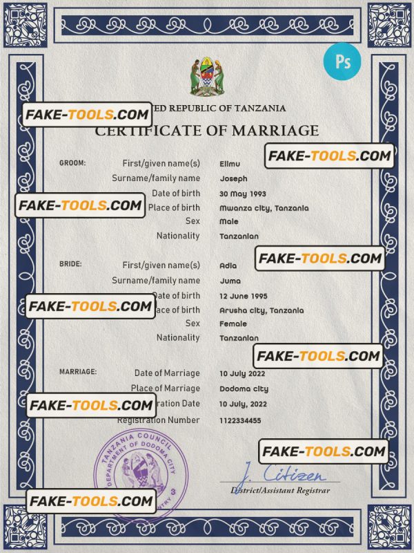 Tanzania marriage certificate PSD template, fully editable