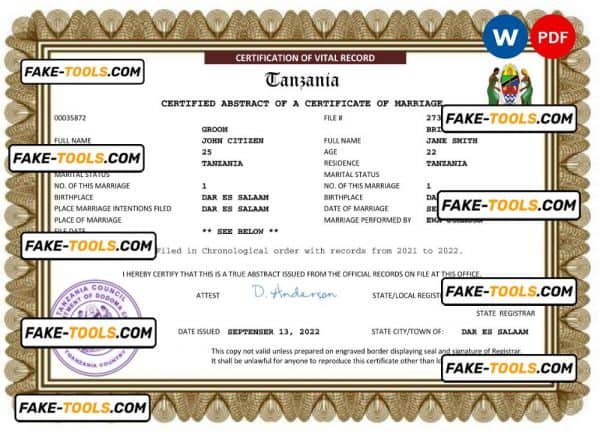 Tanzania marriage certificate Word and PDF template, completely editable