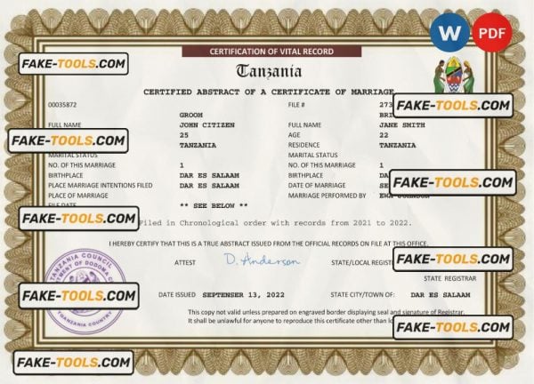 Tanzania marriage certificate Word and PDF template, completely editable