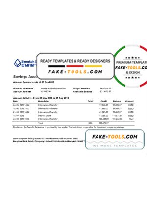 Thailand Bangkok Bank Savings Account statement template in Word and PDF format