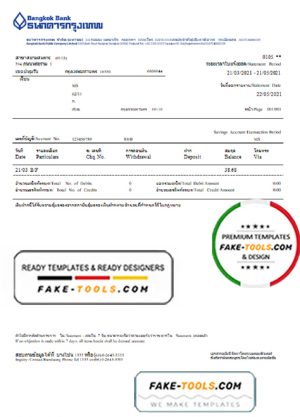 Thailand Bangkok Bank online banking transaction statement template in Word and PDF format