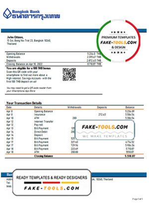 Thailand Bangkok Bank statement template, Word and PDF format (.doc and .pdf)