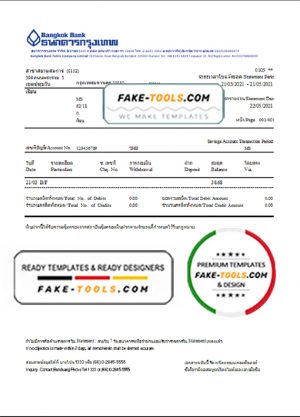 Thailand Bangkok bank account statement template in Word and PDF format