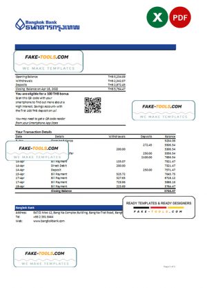 Thailand Bangkok bank statement, Excel and PDF template