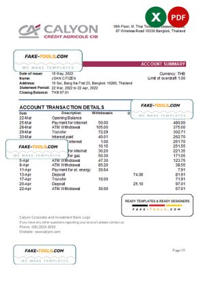 Thailand Calyon bank statement, Excel and PDF template