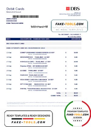 Thailand DBS bank statement easy to fill template in .xls and .pdf file format