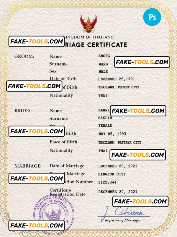 Thailand marriage certificate PSD template, completely editable